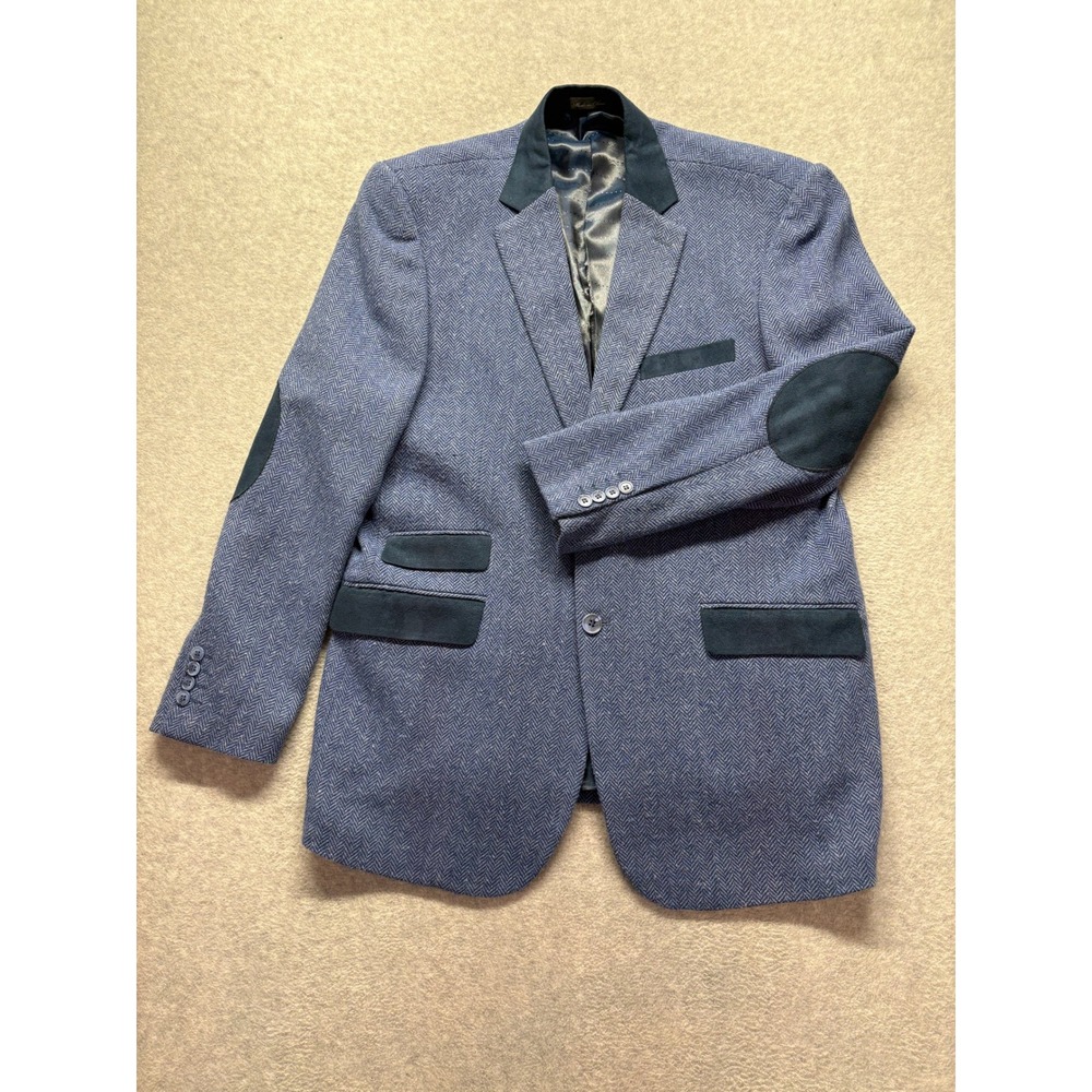 Inserch Limited Edition Mens XL Blue Herringbone Wool Blend Blazer Elbow Patches
